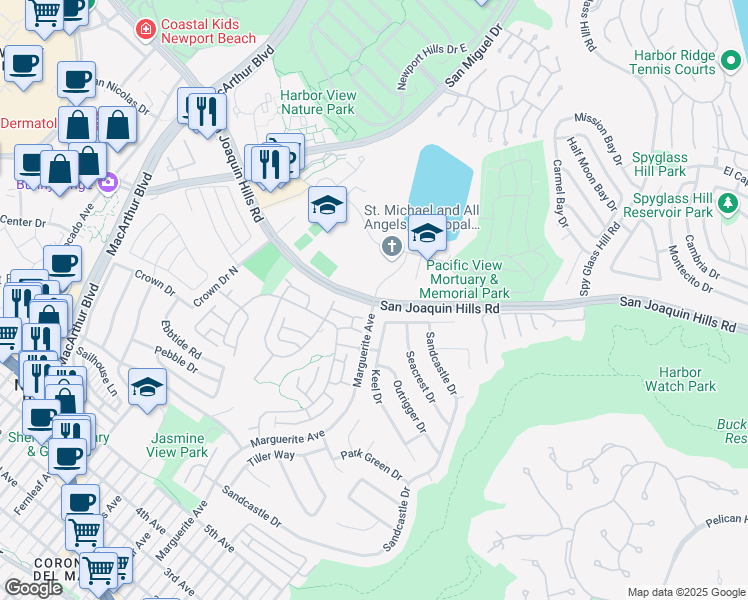 map of restaurants, bars, coffee shops, grocery stores, and more near San Joaquin Hills Road & Marguerite Avenue in Newport Beach