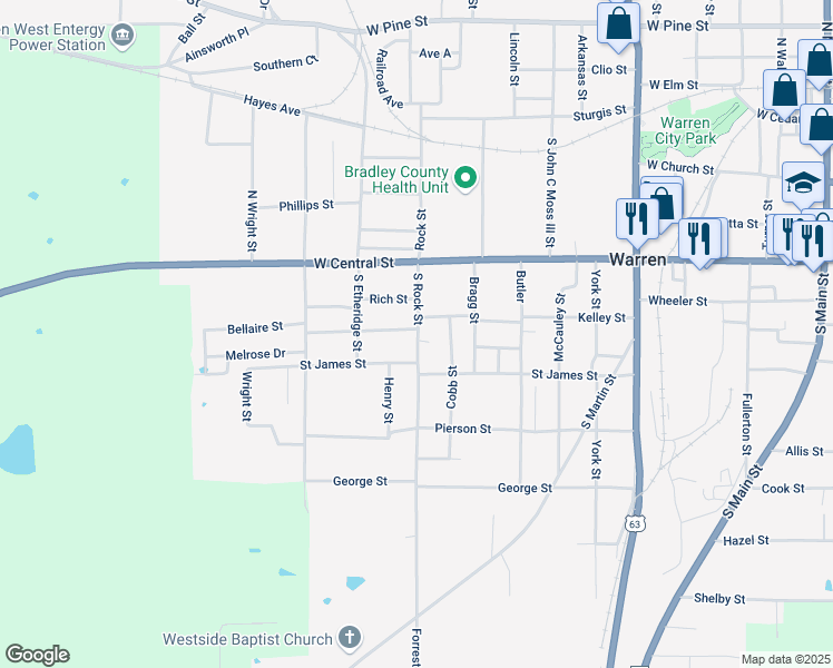 map of restaurants, bars, coffee shops, grocery stores, and more near 1005 West Johnson Street in Warren