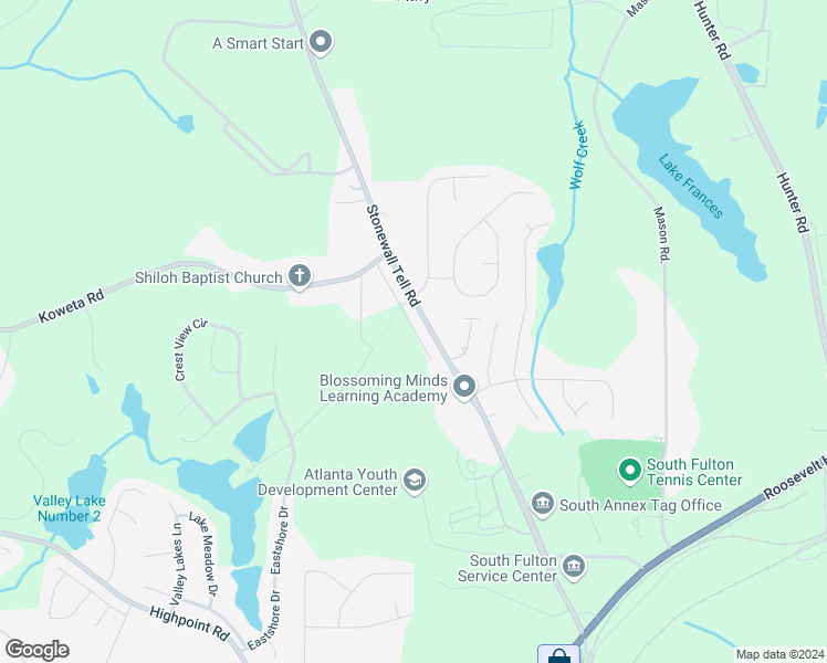 map of restaurants, bars, coffee shops, grocery stores, and more near 5425 Stonewall Tell Road in Atlanta
