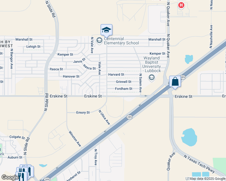 map of restaurants, bars, coffee shops, grocery stores, and more near 4635 Fordham Street in Lubbock