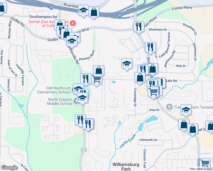 map of restaurants, bars, coffee shops, grocery stores, and more near 5418 Park Place South in Atlanta