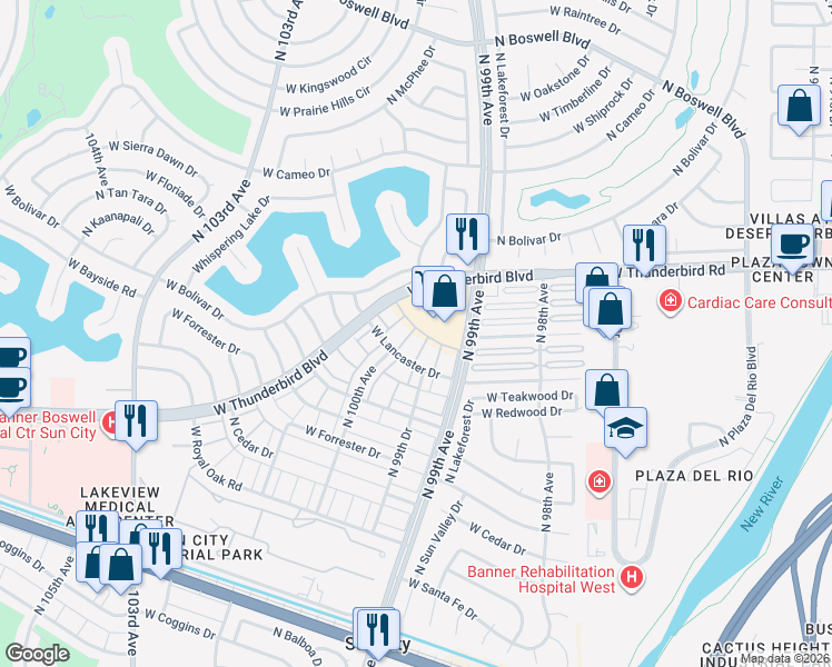 map of restaurants, bars, coffee shops, grocery stores, and more near 9922 North 99th Drive in Sun City
