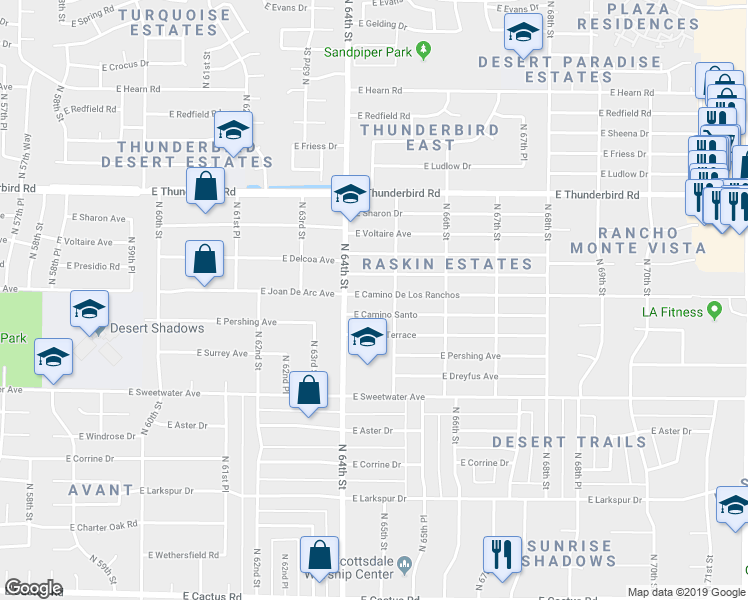 map of restaurants, bars, coffee shops, grocery stores, and more near 6429 East Camino De Los Ranchos in Scottsdale