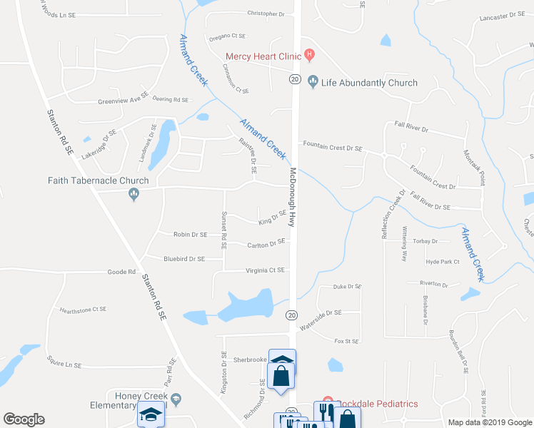 map of restaurants, bars, coffee shops, grocery stores, and more near 906 King Drive Southeast in Conyers