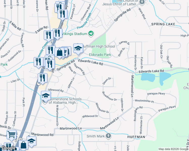 map of restaurants, bars, coffee shops, grocery stores, and more near 909 Pine Forest Circle in Birmingham