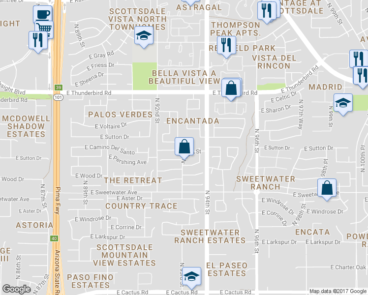 map of restaurants, bars, coffee shops, grocery stores, and more near 13344 North 93rd Place in Scottsdale