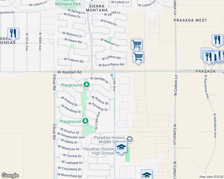 map of restaurants, bars, coffee shops, grocery stores, and more near 13551 North 175th Drive in Surprise