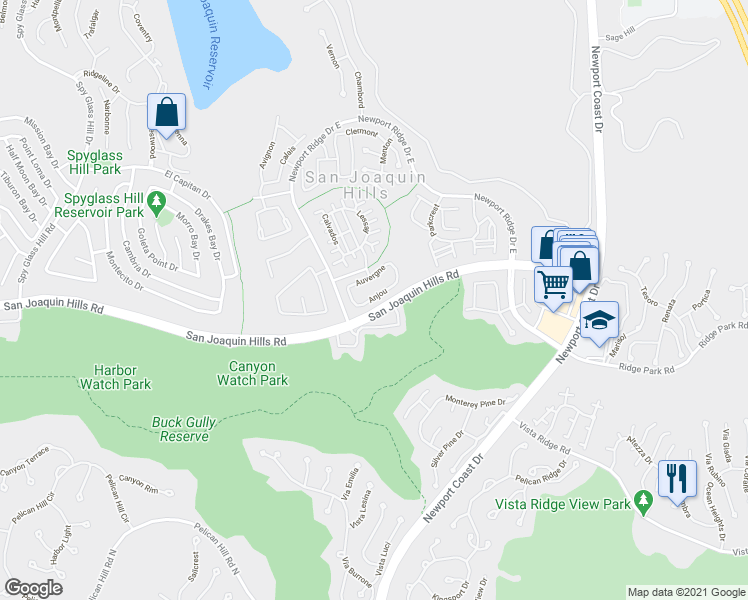 map of restaurants, bars, coffee shops, grocery stores, and more near 44 Anjou in Newport Beach