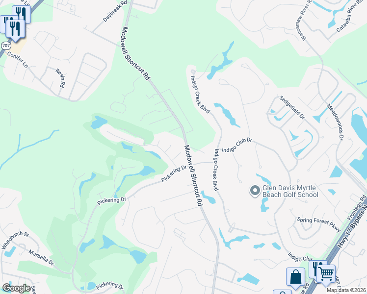 map of restaurants, bars, coffee shops, grocery stores, and more near 1020 Knightsbridge Court in Murrells Inlet