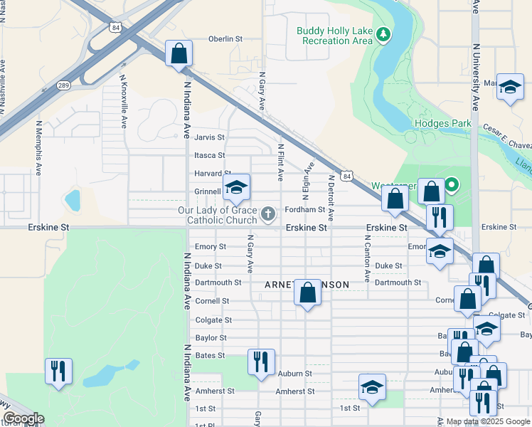 map of restaurants, bars, coffee shops, grocery stores, and more near 3109 Fordham Street in Lubbock