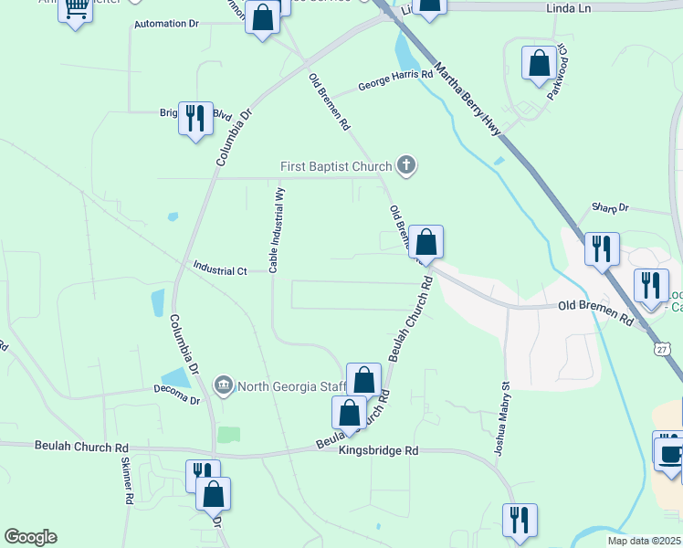 map of restaurants, bars, coffee shops, grocery stores, and more near 125 Terry Terrace in Carrollton