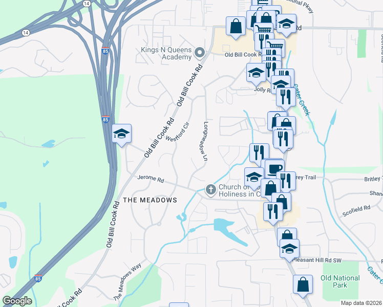 map of restaurants, bars, coffee shops, grocery stores, and more near 5430 Winstead Court Southwest in College Park