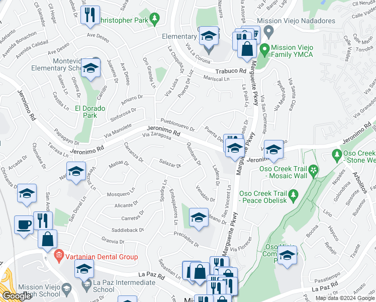 map of restaurants, bars, coffee shops, grocery stores, and more near 24461 Quintana Drive in Mission Viejo