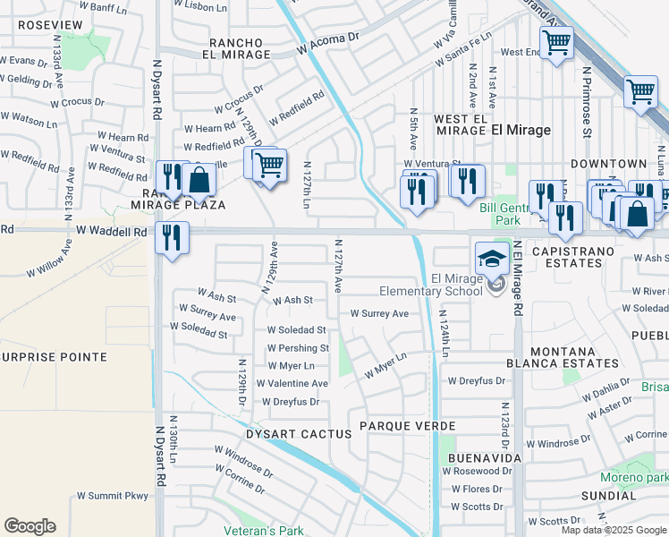 map of restaurants, bars, coffee shops, grocery stores, and more near 12701 West Voltaire Avenue in El Mirage
