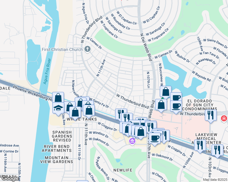 map of restaurants, bars, coffee shops, grocery stores, and more near 10902 West Thunderbird Boulevard in Sun City