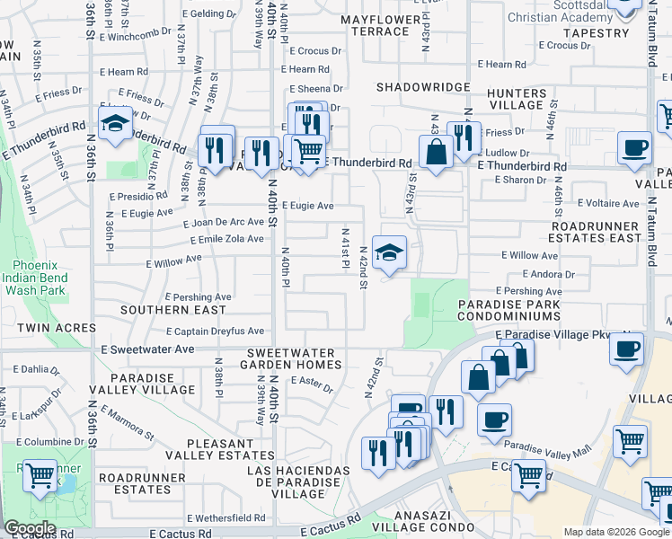 map of restaurants, bars, coffee shops, grocery stores, and more near 4110 East Andorra Drive in Phoenix
