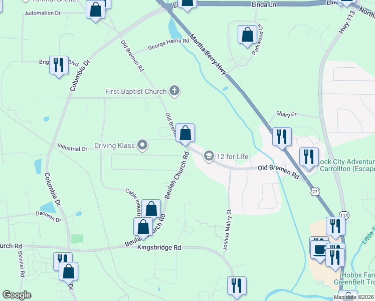 map of restaurants, bars, coffee shops, grocery stores, and more near 5 Beulah Church Rd in Carrollton