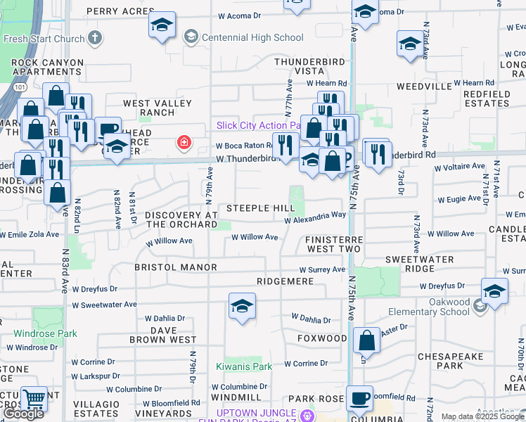 map of restaurants, bars, coffee shops, grocery stores, and more near 7727 West Eugie Avenue in Peoria
