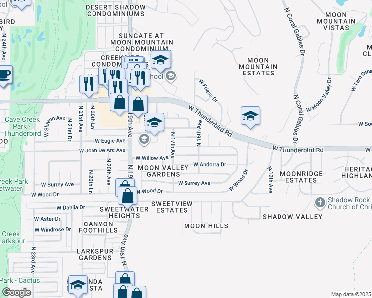 map of restaurants, bars, coffee shops, grocery stores, and more near 1627 West Joan De Arc Avenue in Phoenix