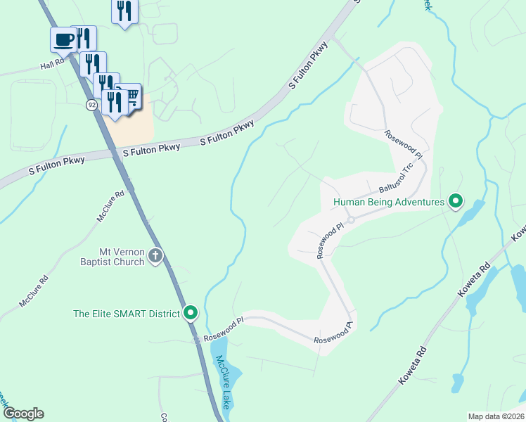 map of restaurants, bars, coffee shops, grocery stores, and more near 5625 Dendy Trace in Fairburn