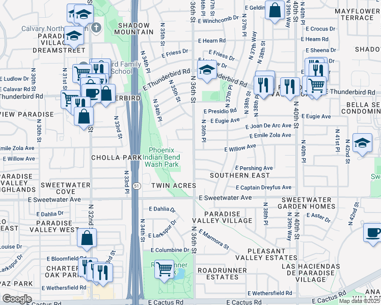 map of restaurants, bars, coffee shops, grocery stores, and more near 13238 North 36th Street in Phoenix