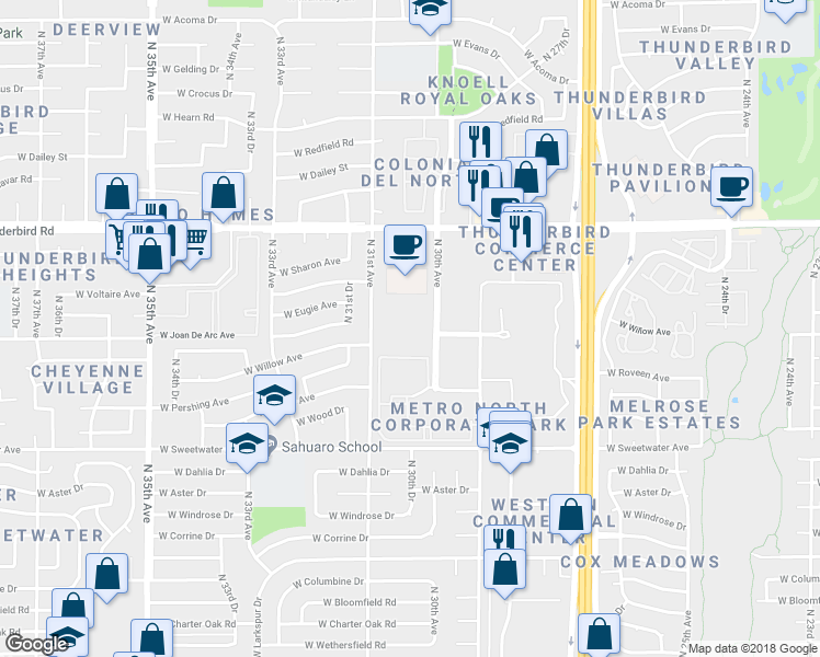 map of restaurants, bars, coffee shops, grocery stores, and more near 3045 West Thunderbird Road in Phoenix