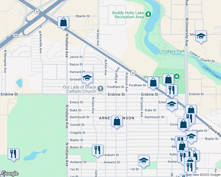 map of restaurants, bars, coffee shops, grocery stores, and more near 3007 Fordham Street in Lubbock