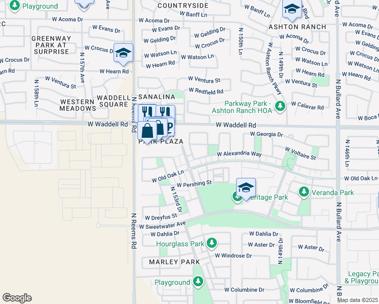map of restaurants, bars, coffee shops, grocery stores, and more near 13554 N 152nd Dr in Surprise