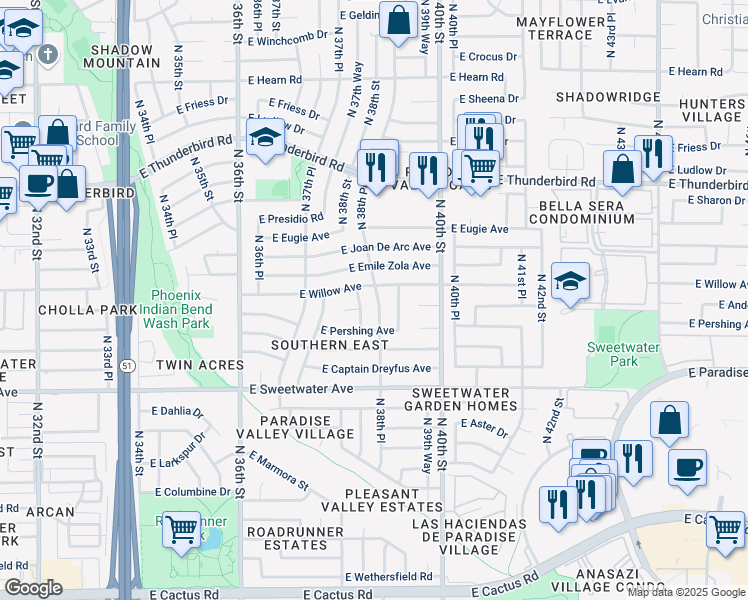 map of restaurants, bars, coffee shops, grocery stores, and more near 13248 North 38th Place in Phoenix