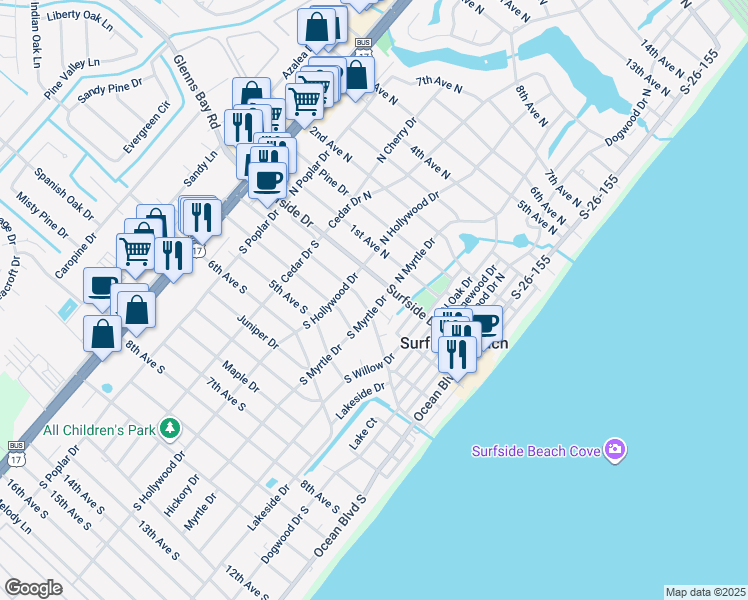 map of restaurants, bars, coffee shops, grocery stores, and more near 14 S Myrtle Dr in Surfside Beach