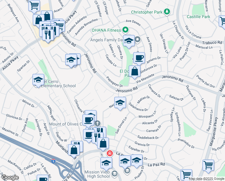 map of restaurants, bars, coffee shops, grocery stores, and more near 26341 Tarrasa Lane in Mission Viejo