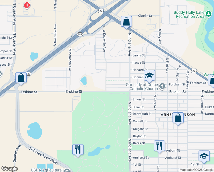 map of restaurants, bars, coffee shops, grocery stores, and more near 3435 Fordham Street in Lubbock
