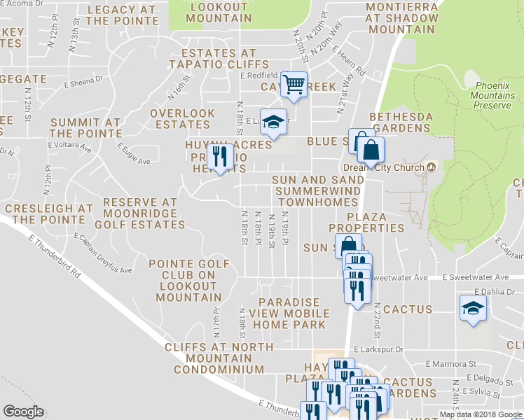 map of restaurants, bars, coffee shops, grocery stores, and more near 13245 North 18th Place in Phoenix