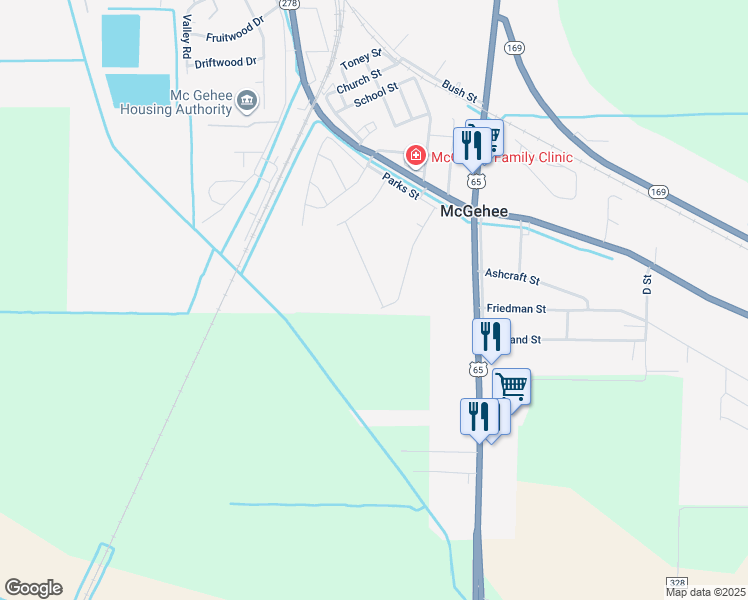 map of restaurants, bars, coffee shops, grocery stores, and more near 334 Ashley Street in McGehee