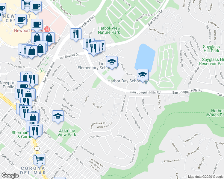 map of restaurants, bars, coffee shops, grocery stores, and more near 41 Mainsail Drive in Newport Beach