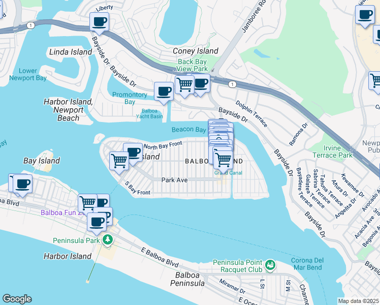 map of restaurants, bars, coffee shops, grocery stores, and more near 312 Coral Avenue in Newport Beach