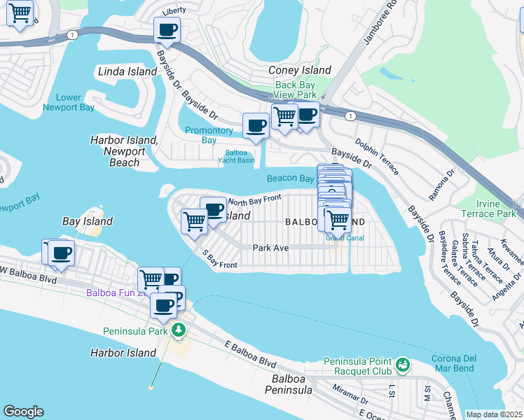map of restaurants, bars, coffee shops, grocery stores, and more near in Newport Beach