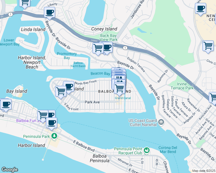 map of restaurants, bars, coffee shops, grocery stores, and more near 313 Amethyst Avenue in Newport Beach