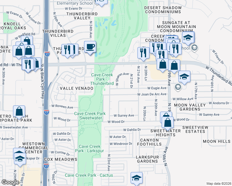 map of restaurants, bars, coffee shops, grocery stores, and more near 2220 West Joan De Arc Avenue in Phoenix