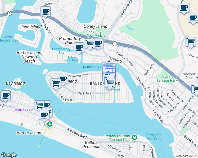 map of restaurants, bars, coffee shops, grocery stores, and more near 313 Amethyst Avenue in Newport Beach
