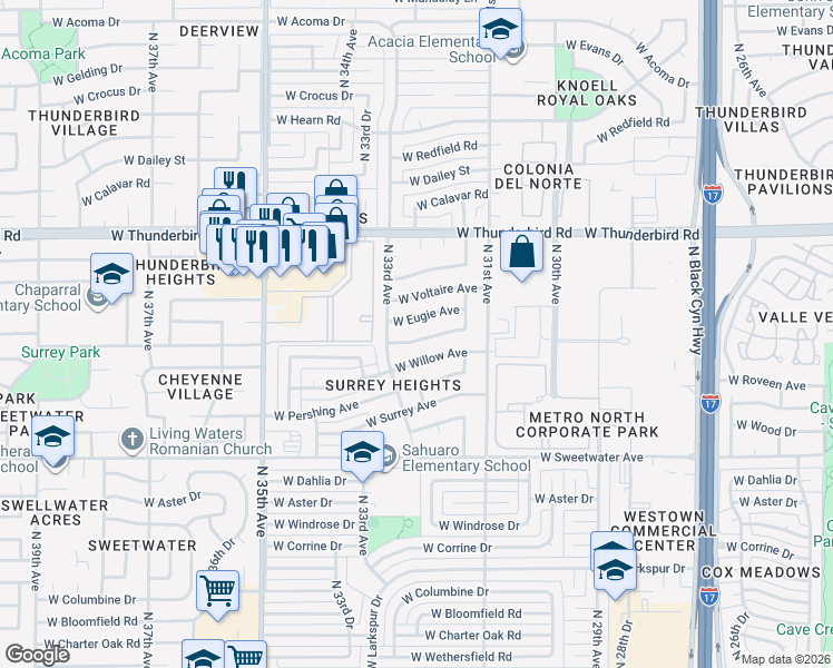 map of restaurants, bars, coffee shops, grocery stores, and more near 3218 W Joan De Arc Ave in Phoenix
