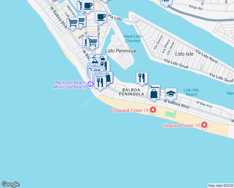 map of restaurants, bars, coffee shops, grocery stores, and more near 1825 West Balboa Boulevard in Newport Beach