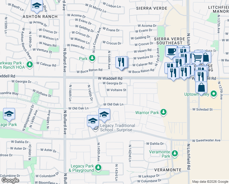 map of restaurants, bars, coffee shops, grocery stores, and more near 14381 West Voltaire Street in Surprise