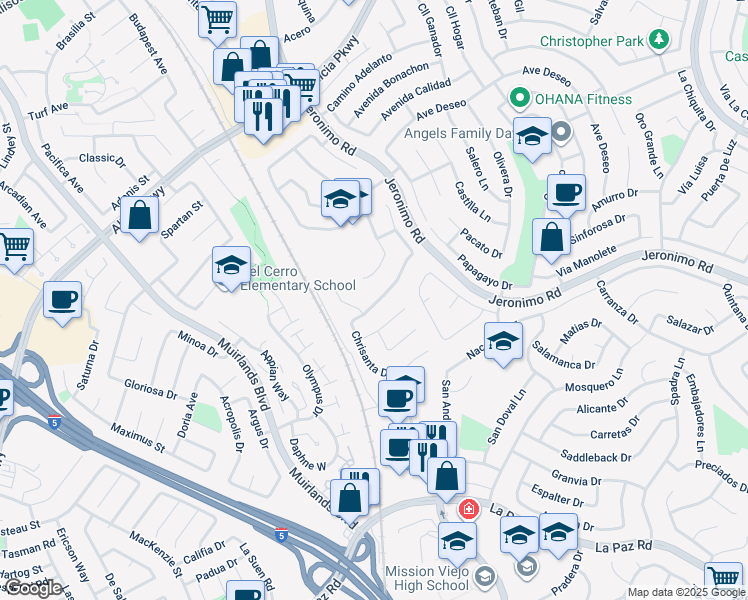 map of restaurants, bars, coffee shops, grocery stores, and more near 24461 Chrisanta Drive in Mission Viejo