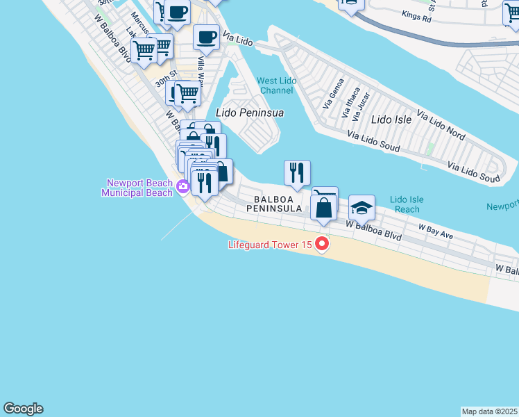 map of restaurants, bars, coffee shops, grocery stores, and more near West Balboa Boulevard & 18th Street in Newport Beach