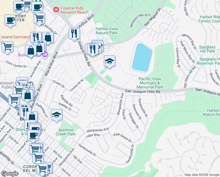 map of restaurants, bars, coffee shops, grocery stores, and more near 41 Mainsail Drive in Newport Beach