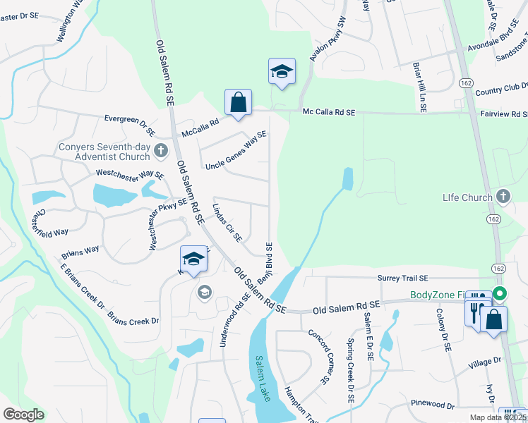 map of restaurants, bars, coffee shops, grocery stores, and more near 2343 Benji Boulevard Southeast in Conyers