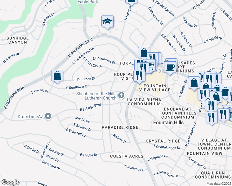 map of restaurants, bars, coffee shops, grocery stores, and more near 13600 North Fountain Hills Boulevard in Fountain Hills