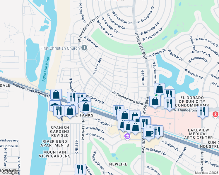 map of restaurants, bars, coffee shops, grocery stores, and more near 10902 West Thunderbird Boulevard in Sun City