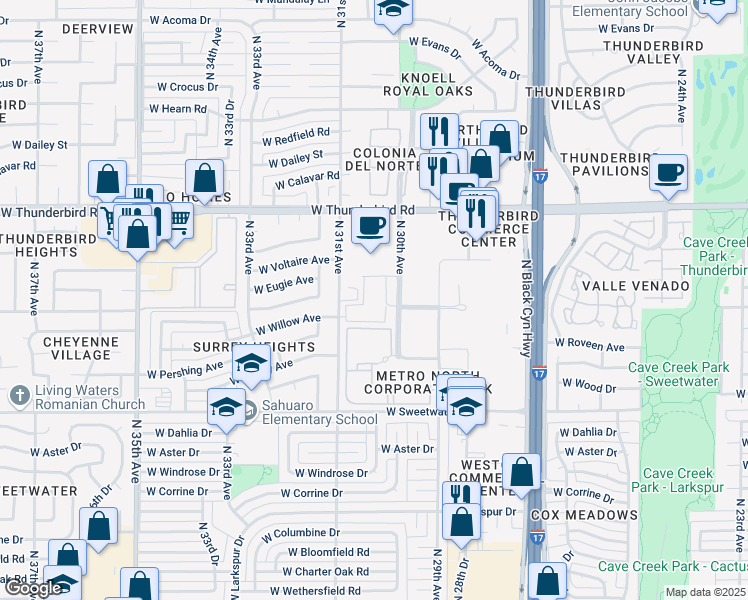 map of restaurants, bars, coffee shops, grocery stores, and more near 3045 West Thunderbird Road in Phoenix